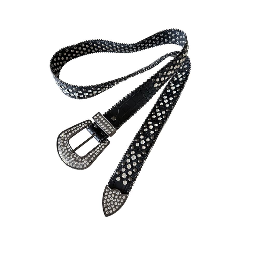 Vintage Y2K Genuine Leather black Rhinestone Western Belt Croc McBling Studded
